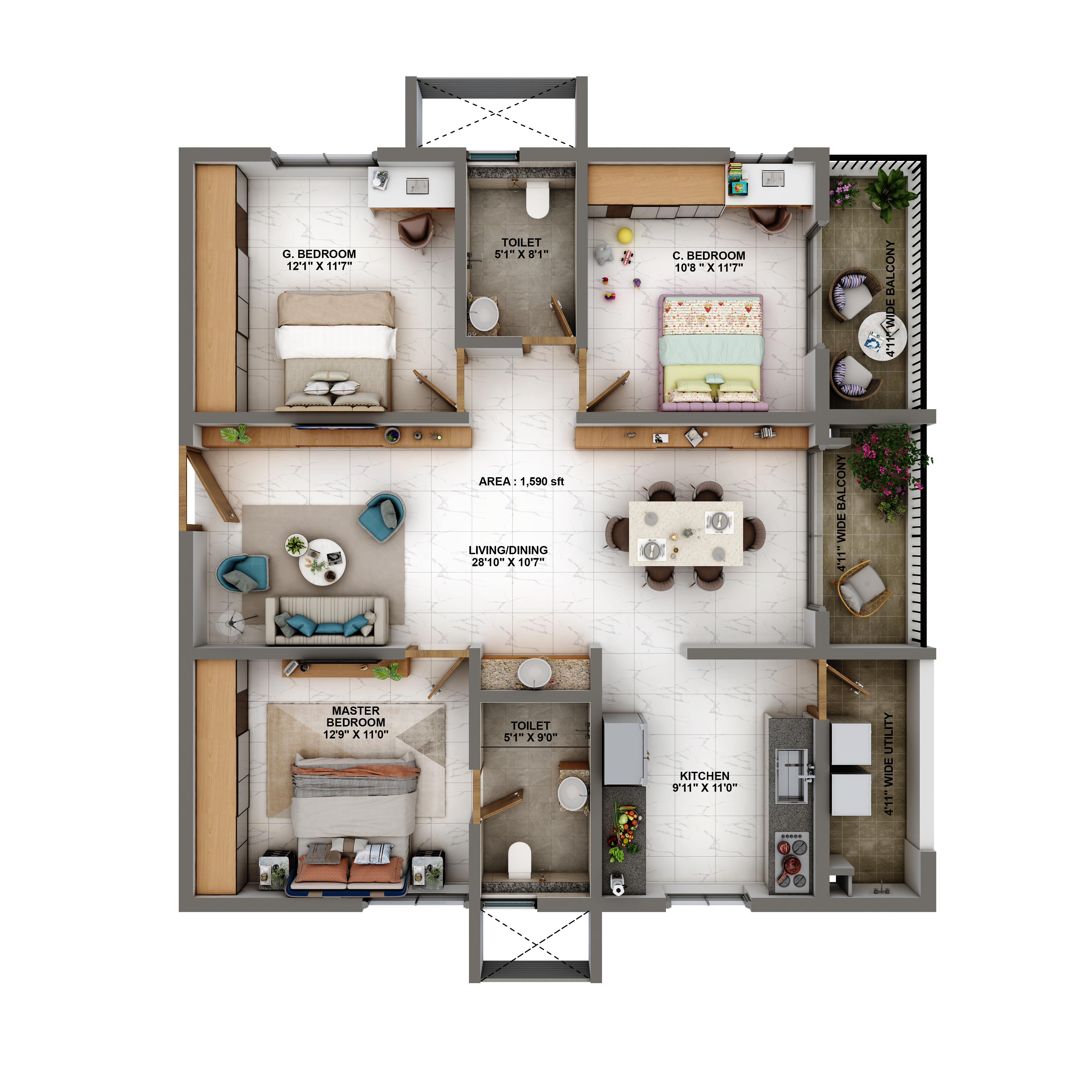 2.5 BHK Size - 1590 S.FT.