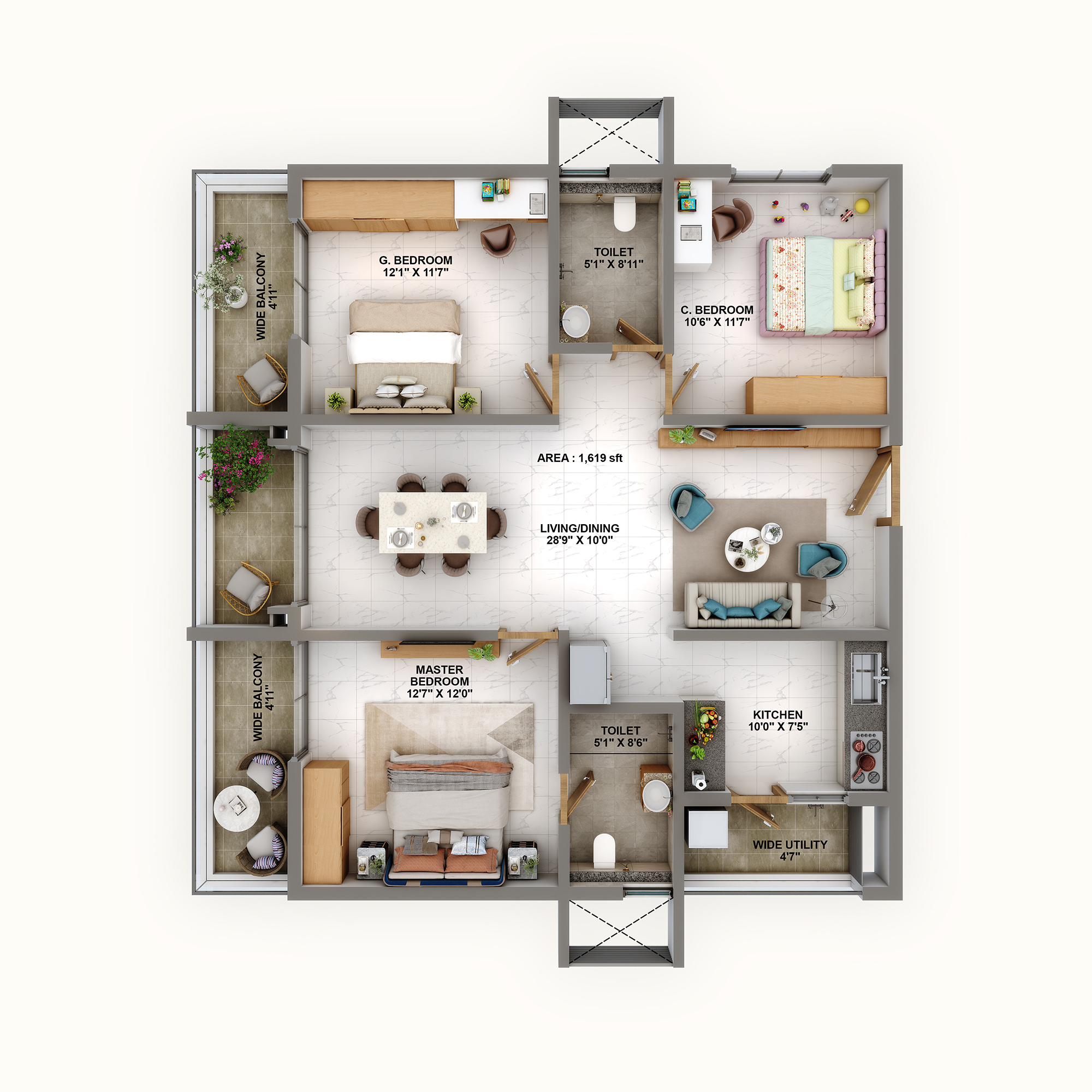 2.5 BHK Size - 1619 S.FT.