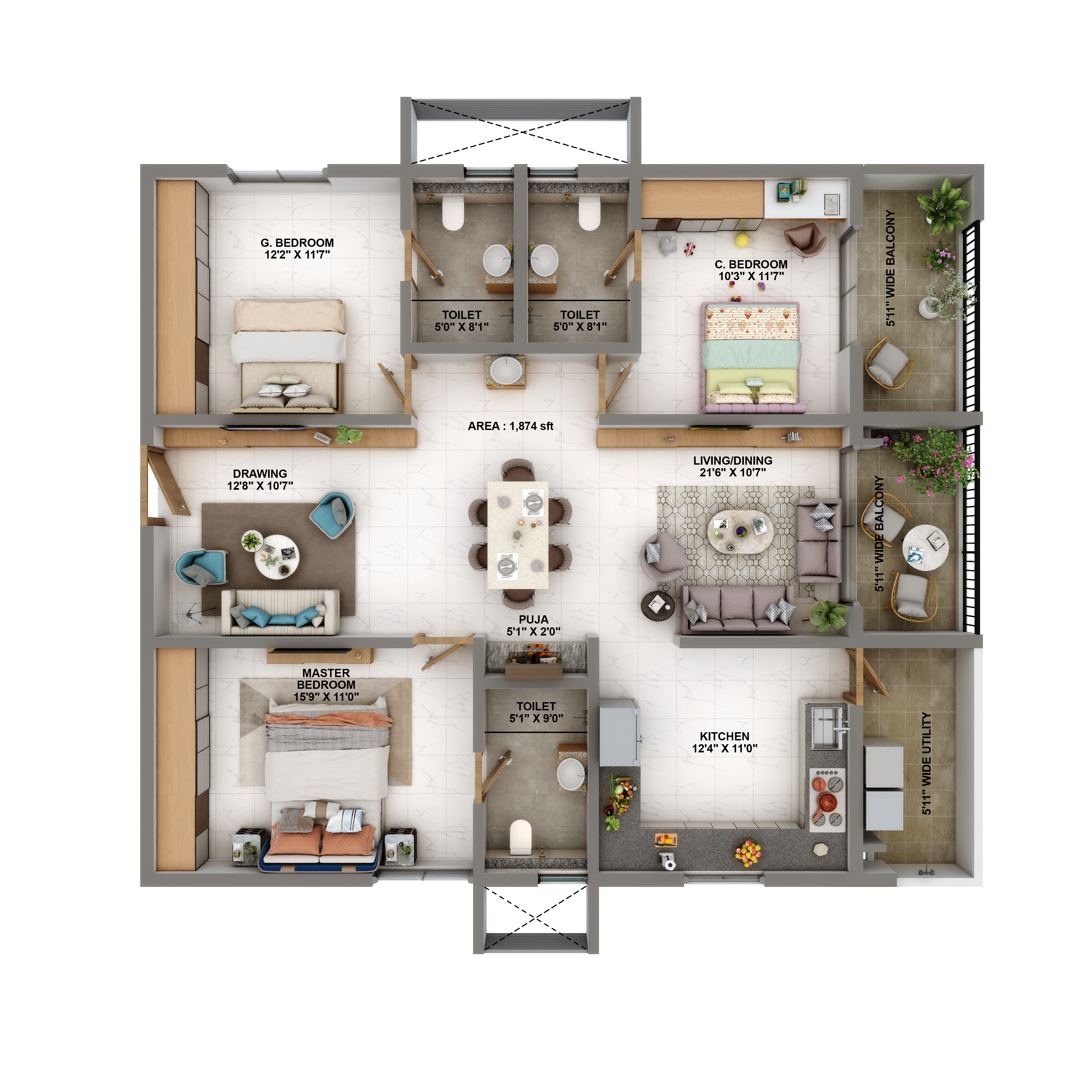 3 BHK Size- 1874 S.FT.